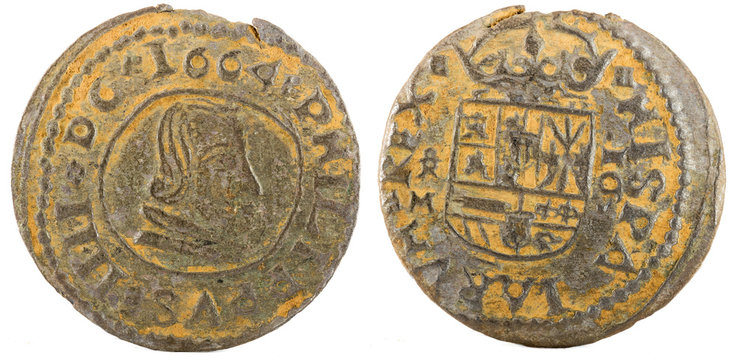 Ancient Spanish copper coin of King Felipe IV. 1664. Coined in Trujillo. 16 Maravedis.