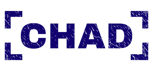 CHAD label seal watermark with grunge texture. Text label is placed inside corners. Blue vector rubber print of CHAD with grunge texture.
