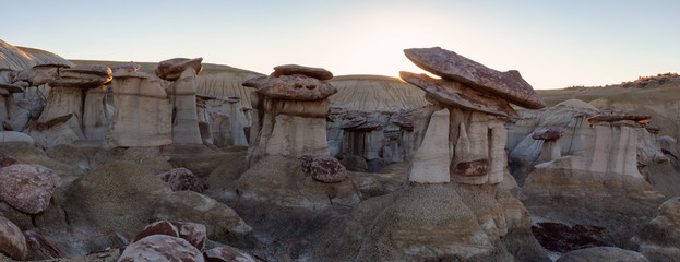 Panoramic landscape view of unique rock formation in the desert of New Mexico, United States of America.