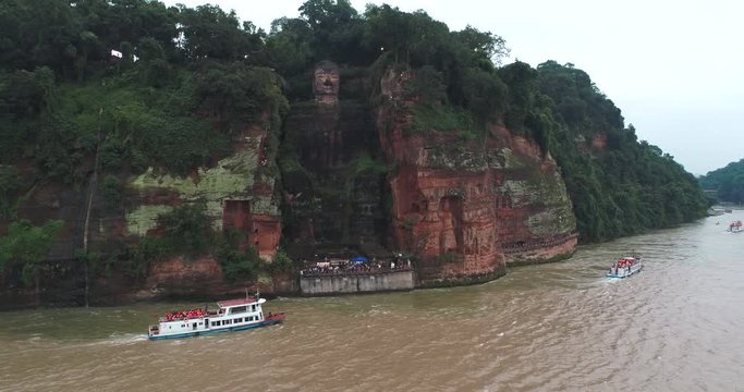 Aerial view of Leshan Giant buddha by the river the UNESCO World Heritage Site at Sichuan China.