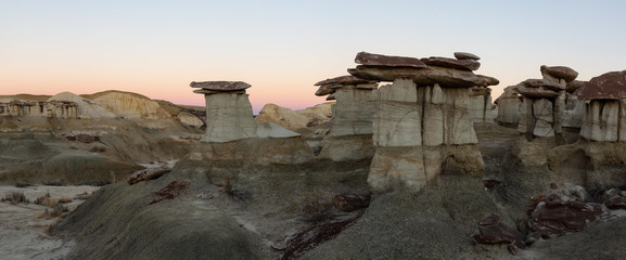 Panoramic landscape view of unique rock formation in the desert of New Mexico, United States of America.