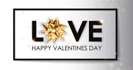 Happy valentines day holiday greeting card design template. Love Background. Party poster, banner for invitation gold glitter stars confetti glitter decoration. Vector background with golden gift bow