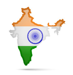 India flag and outline of the country on a white background. Vector illustration.