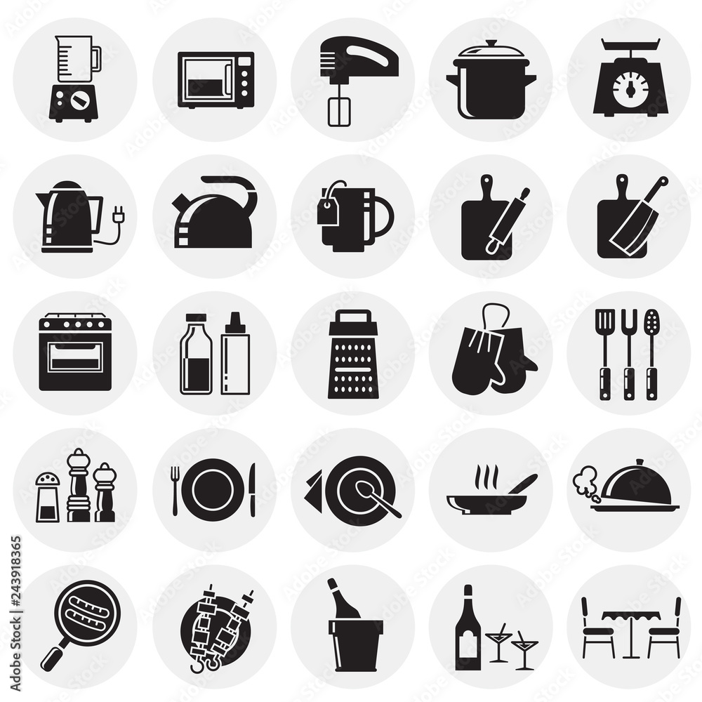 Poster kitchen icons set on circles background for graphic and web design, modern simple vector sign. inter