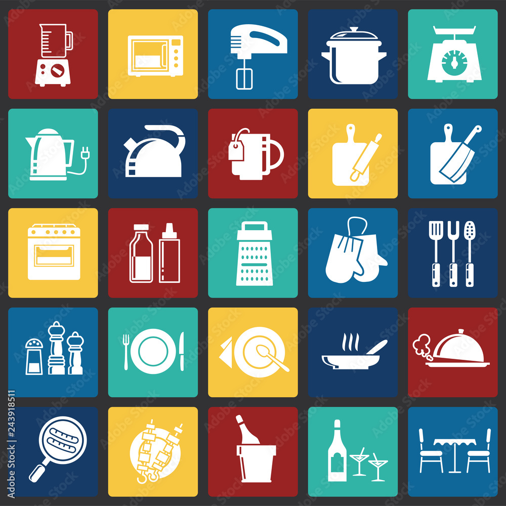 Poster kitchen icons set on color squares background for graphic and web design, modern simple vector sign.
