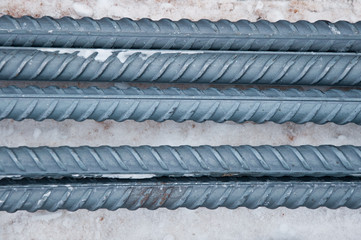 Brand new armature. Laid reinforcement. Rebar preparation work. Close-up. The organization of storage of materials on a building site.