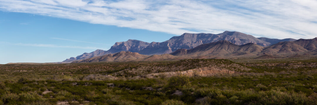 Beautiful Panoramic American Landscape during a sunny day. Taken North of El Paso, New Mexico, United States.