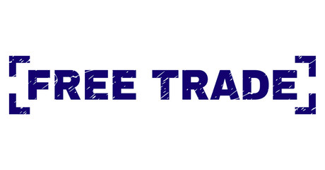FREE TRADE caption seal imprint with grunge texture. Text caption is placed inside corners. Blue vector rubber print of FREE TRADE with grunge texture.