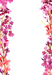 Hand drawn watercolor vertical frame with meadow small pink and red flowers and herbs on white background. Design for cards, invitations, flyers.
