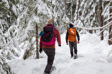 Snowshoeing in the snow during a white winter day. Taken on a hike to Alexander Falls, near...
