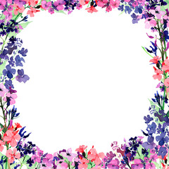 Hand drawn watercolor square frame with meadow small pink, blue and violet flowers on white background. Design for cards, invitations, flyers.
