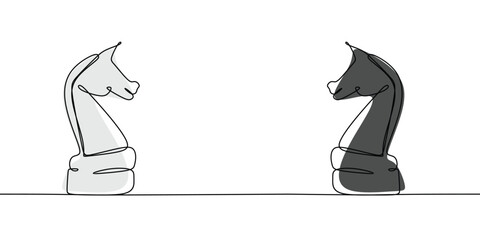 The chess knight black and white colors on the champion. Continuous line drawing isolated on white background. Vector illustration. © ngupakarti