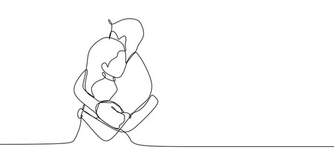 Continuous line drawing of a couple hug vector illustration. Romantic concept of romance love design in minimalist style.