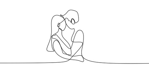 Single one line drawing of couple in kissing moment. Man kiss a girl vector illustration.
