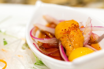 closeup of uni with egg, Japanese cuisine starter