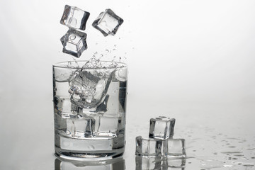 water with ice in a glass with splashes