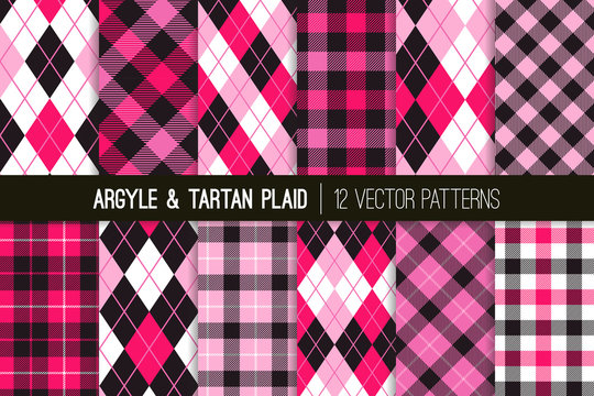 Red, Pink, Lilac, Black and White Argyle and Tartan Plaid Vector Patterns. Valentine's Day Backgrounds. Preppy Fashion Prints. High School Uniform Style. Repeating Tile Swatches Included.