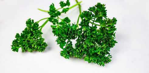 Food cooking background white background. herbs for cooking dinner - parsley. Copy space top view. isolate