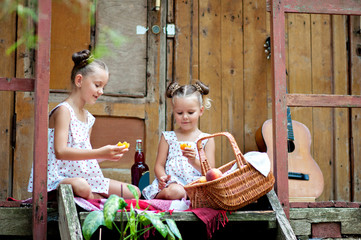 Fototapeta na wymiar Girls eat peaches in the village visiting grandmother