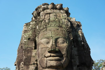 Siem Reap,Cambodia-Januay 11, 2019: Closeup of Bodhisattva face of Bayon, Angkor Thom, Siem Reap
