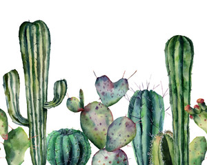 Cotton fabric Watercolor cactus pattern. Hand drawn seamless ornament with desert plants isolated on white background. Flowering cacti card for design, print. Nature botanical illustration