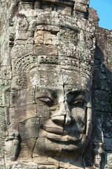 Fototapeta na wymiar Siem Reap,Cambodia-Januay 11, 2019: Closeup of Bodhisattva face of Bayon, Angkor Thom, Siem Reap 