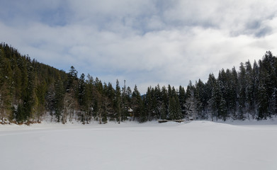 Obraz na płótnie Canvas winter landscape, frozen Synevyr lake, Carpathian mountains in winter