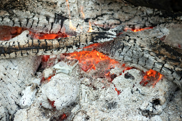 The heat and the ash burned a fire. Red and black coals.