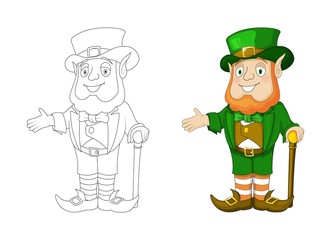 Cartoon Leprechaun in green frock coat and top hat present something