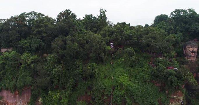 Aerial view of Leshan Giant buddha by the river the UNESCO World Heritage Site at Sichuan China.