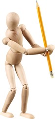 Wooden man figure with pencil isolated on white background