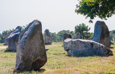 Beautiful view of the standing stones alignments, menhirs, in Carnac, Brittany, France. Megalithic...