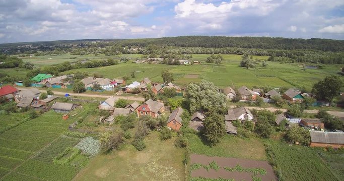 Aerial Drone View Of Ukrainian Countryside Town And Gardens With Houses