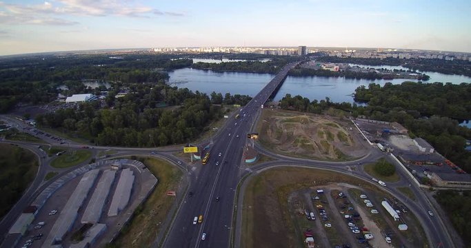 Aerial View Of Road Interchange In Kiev Ukraine Dnipro River Uptown Car Park