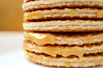 Closed Up Stack of Mouthwatering Stroopwafel or Caramel Filled Traditional Dutch Waffle 