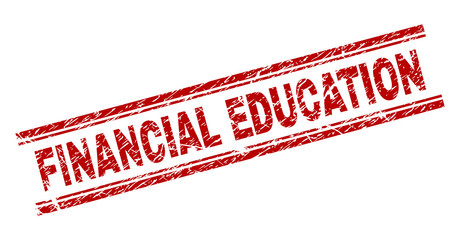 FINANCIAL EDUCATION seal stamp with corroded texture. Red vector rubber print of FINANCIAL EDUCATION caption with dirty texture. Text caption is placed between double parallel lines.