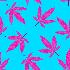 seamless pattern of large cannabis leaves bright purple on a blue background for printing on textiles