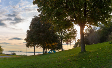 Toronto, CANADA - October 25, 2018:  Promenade park, and Marina at sunset, Toronto, Canada
