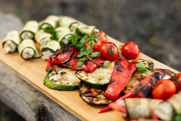 Grilled vegetables. Zucchini, forged zucchini, pepper. Background of grilled vegetables.
