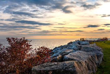 Toronto, CANADA - October 25, 2018:  Promenade park, and Marina at sunset, Toronto, Canada