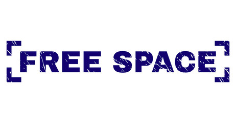 FREE SPACE tag seal print with corroded texture. Text tag is placed inside corners. Blue vector rubber print of FREE SPACE with grunge texture.