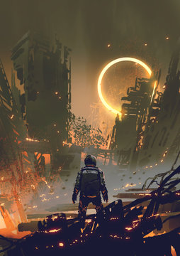 astronaut standing in a burnt city and looking at a yellow glowing ring in the dark sky, digital art style, illustration painting
