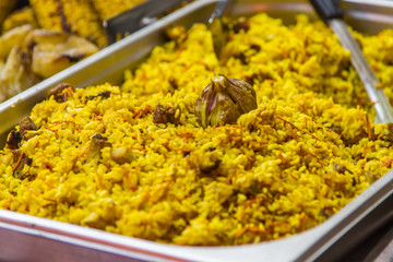 Festive street food laid out on the table to buy multi-colored and tasty appetizing