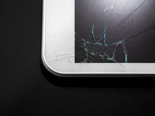 Broken display. Cracked glass tablet, device, gadget