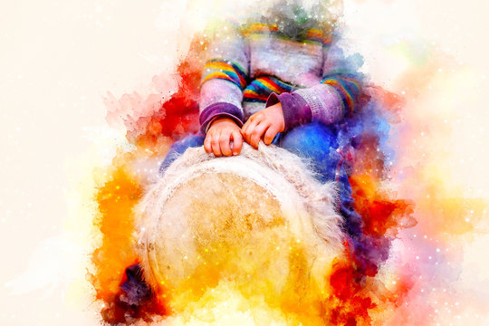 child playing a djembe drum with natural goat fur features and softly blurred watercolor background.