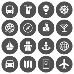 Set of 16 flat travel icons on gray background