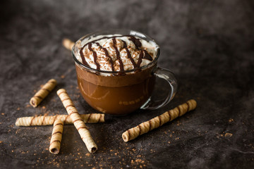 Fancy Hot Chocolate with Whipped Cream on Dark Background