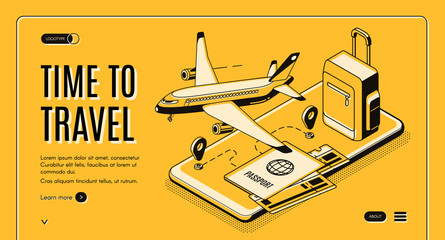 Online service, mobile app for travelers and tourists isometric vector web banner. Flying passenger airplane, baggage bag, airline tickets, traveling route on cellphone screen line art illustration © vectorpouch