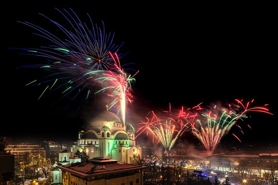 Belgrade, Serbia - January 14, 2019: Orthodox New years eve celebration with fireworks over the Church of Saint Sava at midnight in Belgrade, Serbia