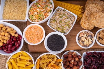 High Fibre Seeds and Pasta.  Selection of high fibre Pasta, Rice and seeds for a healthy diet. 